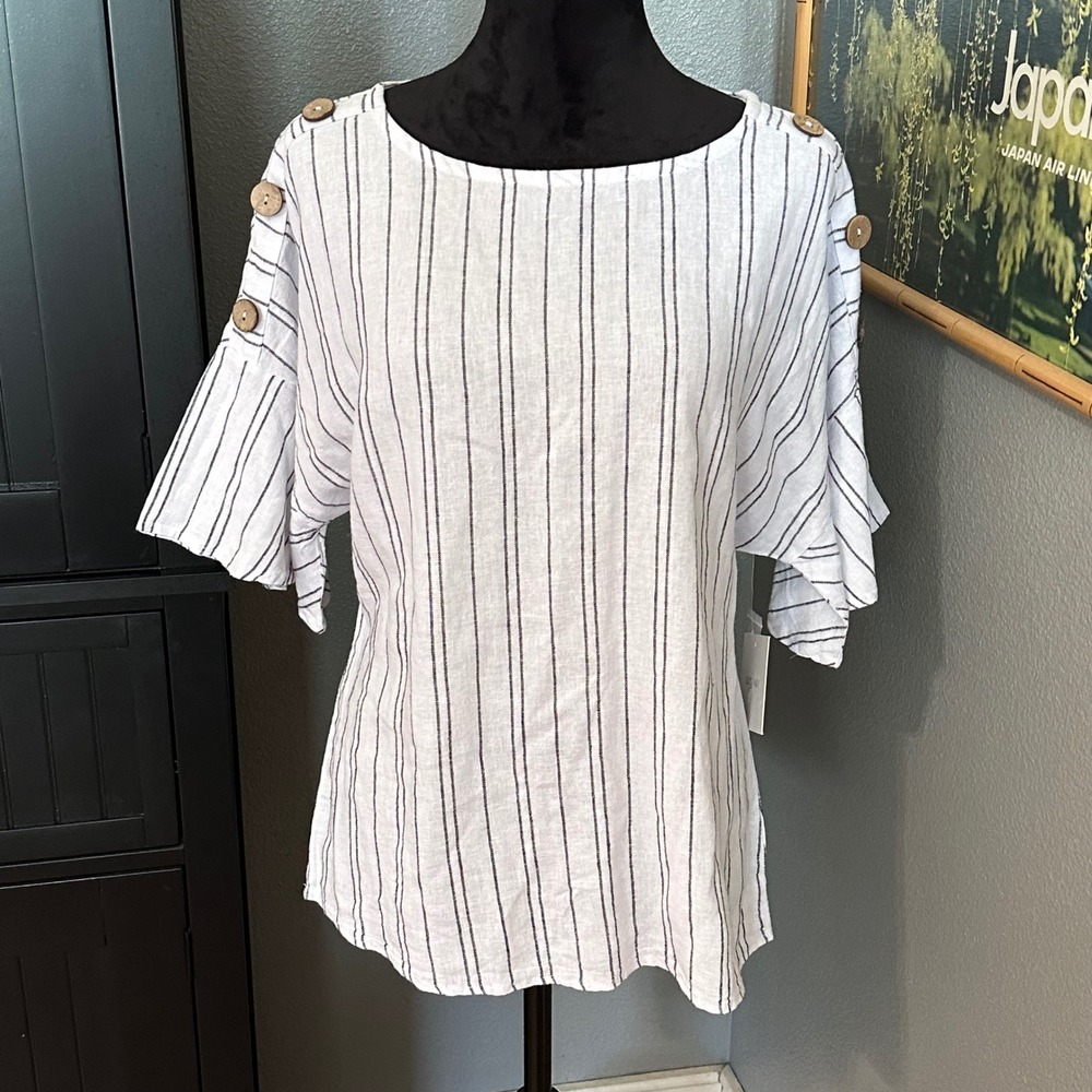Ellen Tracy Linen Blend Striped Blouse Womens Small White Black Flutter Sleeve